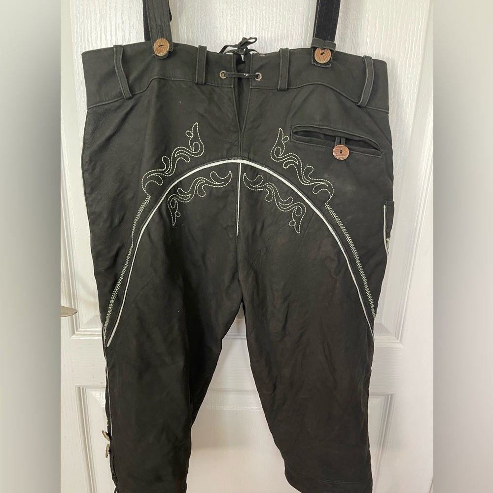 Lammberg Leather Black Embroidered Lederhosen-Style Suspender Pants - Picture 3 of 8